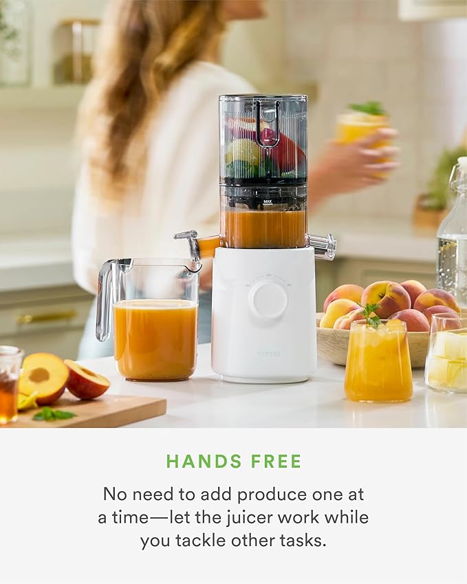 Nama J3 Compact Cold Press Juicer – Space Saving & Self Feeding for Hands-Free Operation – Lightweight, Portable Zero Waste Slow Masticating Juicer – Easy Cleanup & Assembly - White