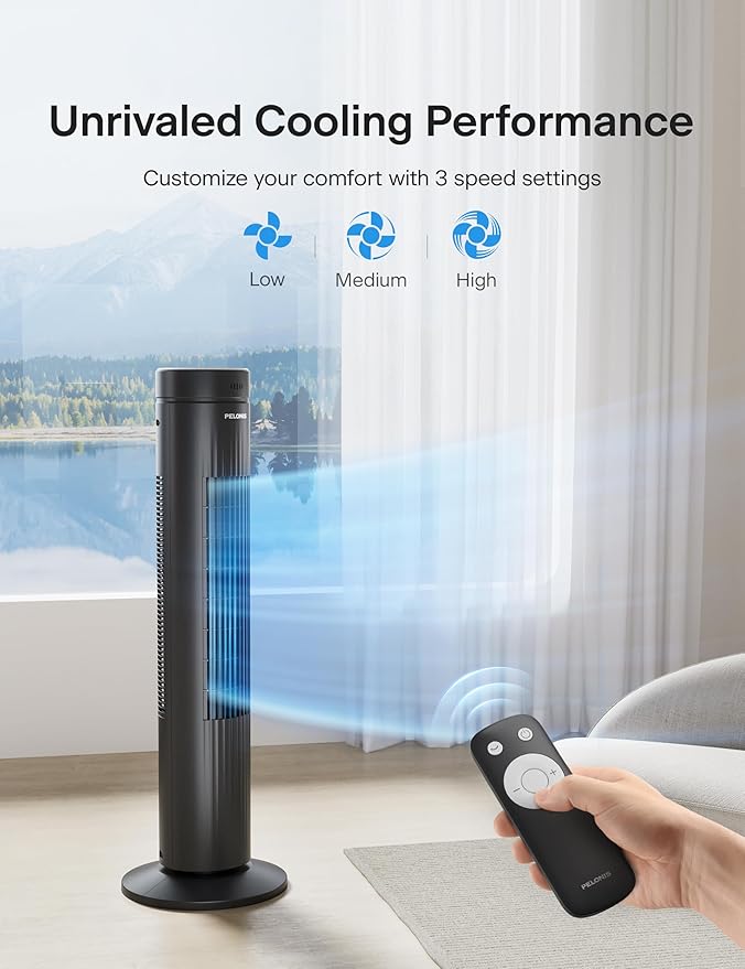 Pelonis 30-Inch Oscillating Tower Fan for Bedroom – 3 Speed, Quiet Tower Fan with Remote ControL, Small Fan, 7-Hour Timer – ETL Certified, Black