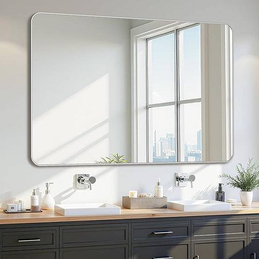 Bathroom Mirror 55" x 36", Large Rectangle Wall Mirror, Silver Metal Frame Wall Mounted Mirrors for Bathroom, Vanity, Bedroom, Entryway Decor(Horizontal/Vertical)
