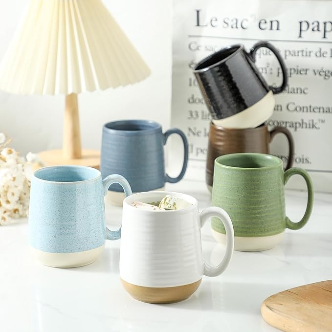 Hasense Stoneware Coffee Mugs Set of 6, 15 Oz Large Coffee Cups with Handle, Tea Mugs for Men and Women, Modern Coffee Mug for Cappuccino, Milk, Cocoa, Microwave & Dishwasher Safe, Green