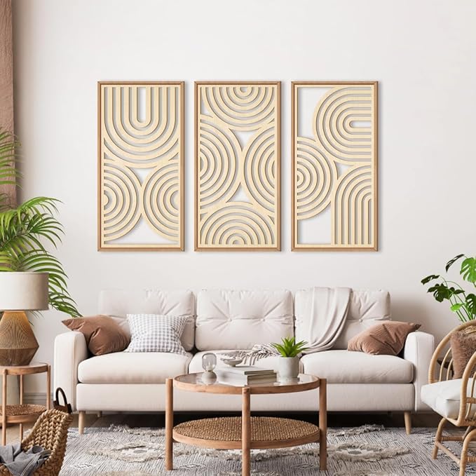 IARTTOP Large Boho Wood Wall Art Set of 3 Framed Wooden Mid-century Modern Wall Decor Minimalist Modern Abstract Geometric Decor for Living Room Bedroom Office-16x32 Inch
