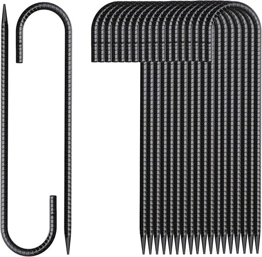 Rebar Stakes 16 Inch 20 Pack J Hook Ground Stakes Heavy Duty Tent Stakes Chain Link Fence Stakes with Chisel Point End Galvanized Steel Ground Anchors Metal Spikes Black Coated