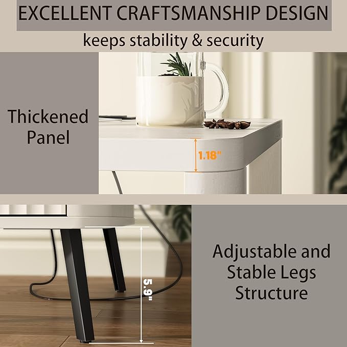 Nightstand Set of 2 with Charging Station, 24" End Table Side Table with Open Shelf, Modern Large Wood Fluted Bedside Cabinet for Bedroom, Living Room, White