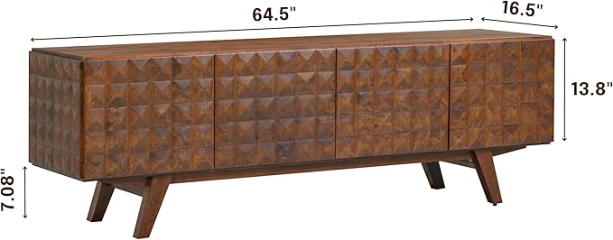 NTC Sapa Mid-Century Modern Solid Wood TV Stand 4-Door Media Console with Carved Geometric Fronts for TVs up to 75", Effortless Assembly, Dark Walnut