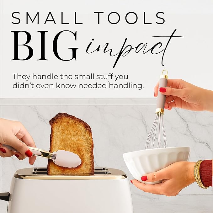 Styled Settings 23-Piece Beige and Gold Utensils Set – Silicone Nonstick Cooking Tools with Garlic Press, Can Opener, Measuring Cups, Utensil Holder – Luxury Kitchen Accessories for Modern Homes