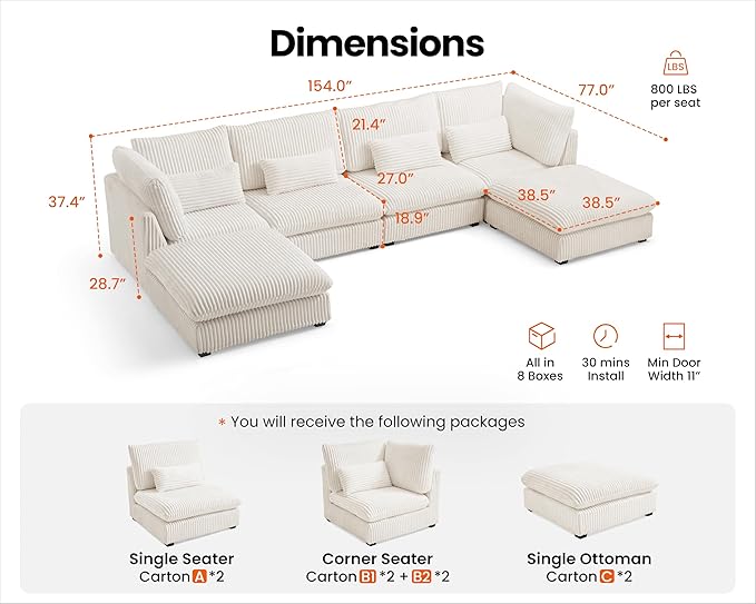 Oversized Modular Sofa, Extra Deep Cloud Corduroy Sectional Couch with Ottoman Chaise, Fluffy Chenille 6 Seat U-Shaped Sofa for Living Room, Villa (U Shape 6 Seater, Corduroy White)