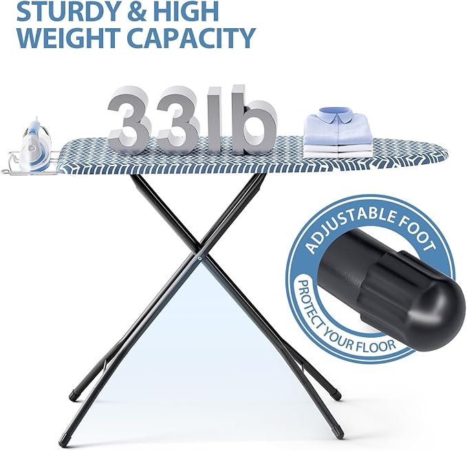 KINGBOARD Ironing Board, Foldable Iron Board with Iron Rest, Compact Ironing Board with Height Adjustable, Extra Thick Heat-Resistant Cover, Heavy-Duty Sturdy Metal Legs, 43x13 Blue