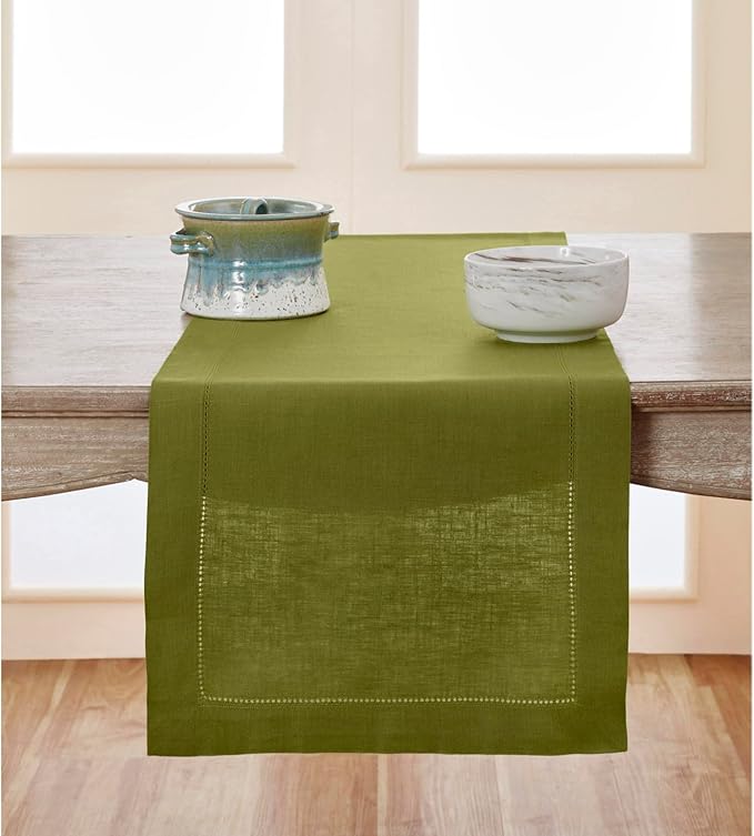 Solino Home Linen Avocado Green Table Runner 72 Inches Long - 100% Pure Linen Hemstitch Table Runner 14 x 72 Inch for Dresser, Dining, Fall, Autumn, Halloween, Thanksgiving - Classic Hemstitch