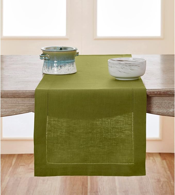 Solino Home Linen Avocado Green Hemstitch Table Runner 60 Inches - 100% Pure Linen Small Table Runner 14 x 60 Inch Ideal for Dresser and Coffee Tables - Classic Hemstitch - Fall, Autumn, Thanksgiving