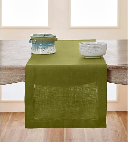 Solino Home Linen Table Runner 120 Inches Long - 100% Pure Linen Avocado Green Table Runner 14 x 120 Inch for Fall, Autumn, Thanksgiving - Classic Hemstitch