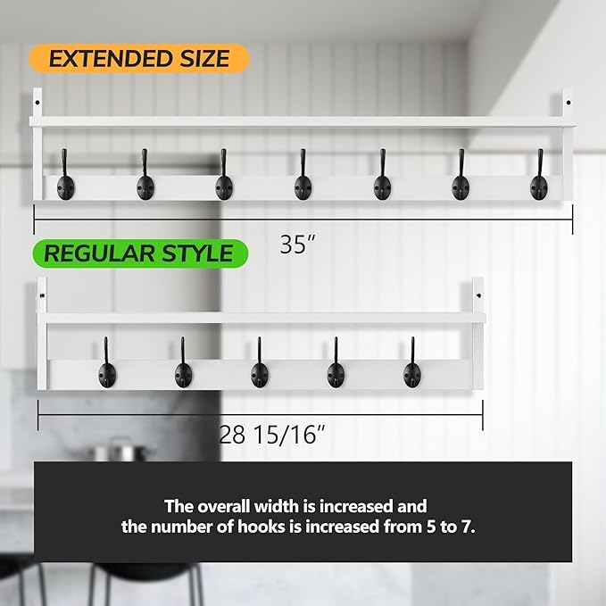 BAMEOS 35" L Wall Hooks with Shelf, Entryway Coat Hooks for Wall with Shelf, Wood Wall Hanging Shelf, Wall-Mounted Coat Rack with 7 Dual Metal Hooks for Bathroom, Kitchen, Living Room, Bedroom (White)