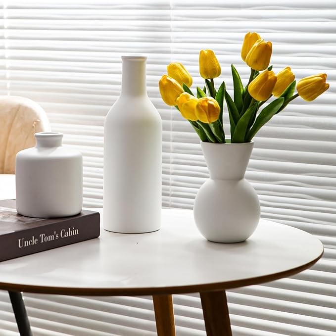 Fake Flowers in Vase for Centerpieces, Faux Flowers in Modern Ceramic Vase Set of 3 with 8 Artificial Autumn Chrysanthemums Home Decor