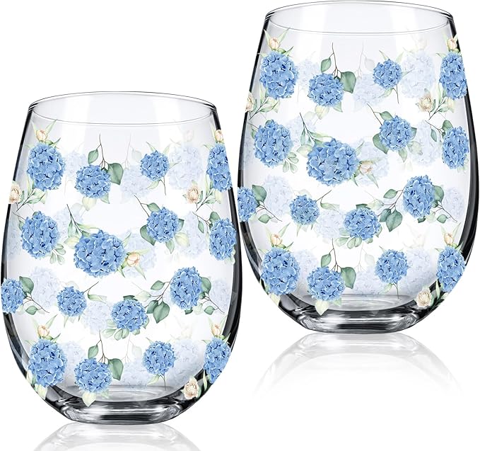 Sliner 2 Pack 17oz Hydrangea Stemless Wine Glasses Spring Summer Floral Drinking Glasses Hydrangea Tumbler Cups for Spring Summer Parties Supplies Birthday Gift