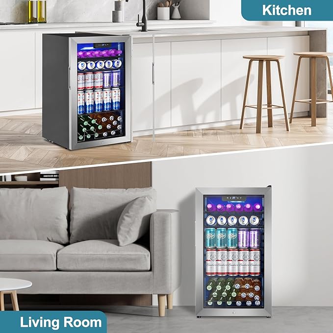 128 Cans Beverage Refrigerator Cooler, 3.2 Cu.Ft Mini Drink Fridge Glass Door for Drink Beer Soda Wine, Beer Fridge with 4 Removable Shelves for Kitchen Bedroom, Office Bar Gaming Room,Stainless Steel