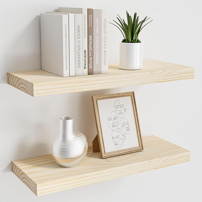 Natural Wood Floating Shelves 16”x 8”x 1.4” Book Shelf Floating for Wall Mounted, Heavy Duty Shelf Hold 35 lbs, Unfinished Wall Shelves for Bathroom, Living Room, Kitchen, Bedroom, Office