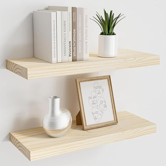 Natural Wood Floating Shelves 16”x 8”x 1.4” Book Shelf Floating for Wall Mounted, Heavy Duty Shelf Hold 35 lbs, Unfinished Wall Shelves for Bathroom, Living Room, Kitchen, Bedroom, Office