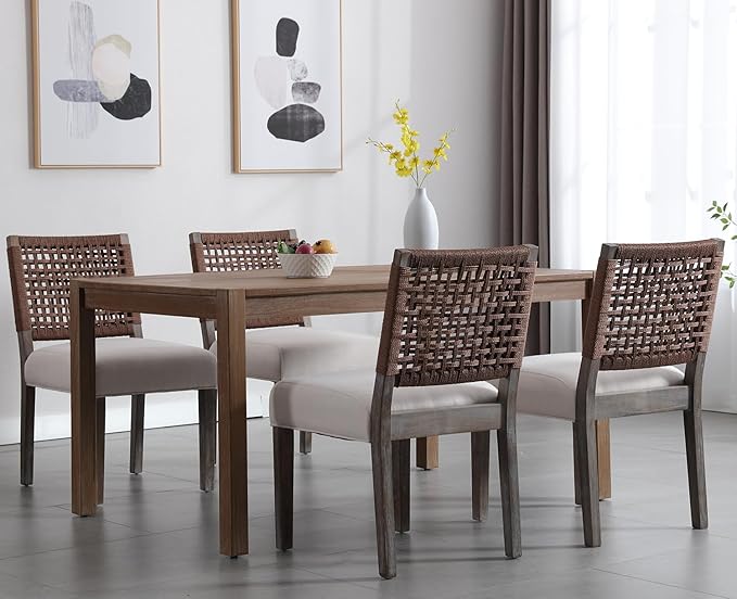 Kmax Farmhouse Dining Chairs Set of 6, Rustic Kitchen Chairs with Linen Fabric Seat and Woven Back, Vintage Accent Chairs for Dining Room, Living Room, Beige