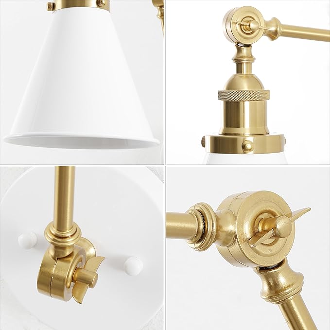 JONATHAN Y JYL7462B-SET2 Rover 7" Classic Industrial Metal Adjustable Arm LED Wall Sconce, White/Brass Gold (Set of 2) for Bedroom, Bathroom, Vanity