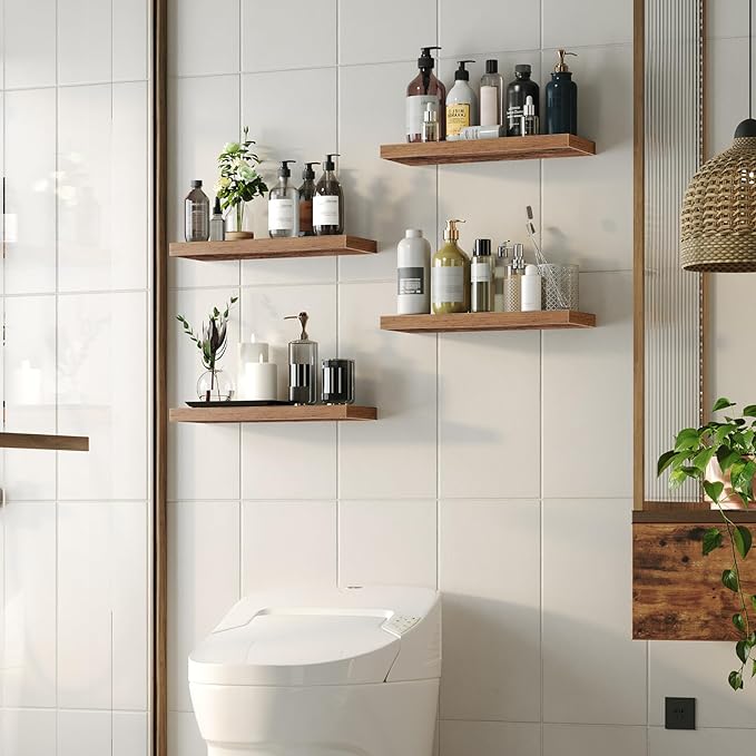 HOOBRO Floating Shelves for Wall, Wall Mounted Shelf Set of 2, 23.6" Hanging Shelf with Invisible Brackets, for Wall in Bathroom, Bedroom, Toilet, Kitchen, Living Room, Office, Rustic Brown BF60BJ01