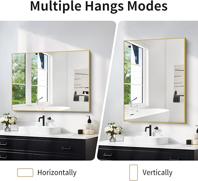 30x40In Gold Bathroom Mirror for Wall, Brushed Gold Rectangle Mirrors with Metal Frame, Bathroom Rectangular Mirror Modern Wall Mirror for Bedroom Living Room, Hangs Horizontal or Vertical