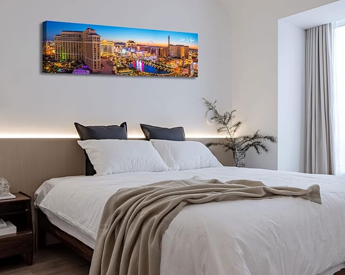 Las Vegas Skyline Wall Art Cityscape Canvas Prints City Modern Building Posters Bellagio Fountain Skyscraper Night View Panoramic Pictures for Home Office Living Room Decor Framed 13.8"x45.3"