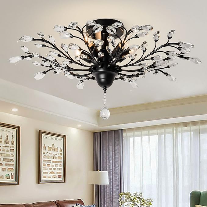 Ganeed Crystal Ceiling Light,Vintage Chandelier, Modern Elegant K9 Crystal Glass Chandelier Flush Mount Ceiling Lighting Fixture for Living Room Bedroom Restaurant Porch- Matte Black - 5 Lights