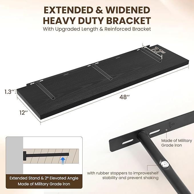 48" Floating Shelves for Wall, 12" Deep Slim Black Floating Shelves, Wall-Mounted Shelves for Bedroom, Living Room, Kitchen, Bathroom - Set of 2