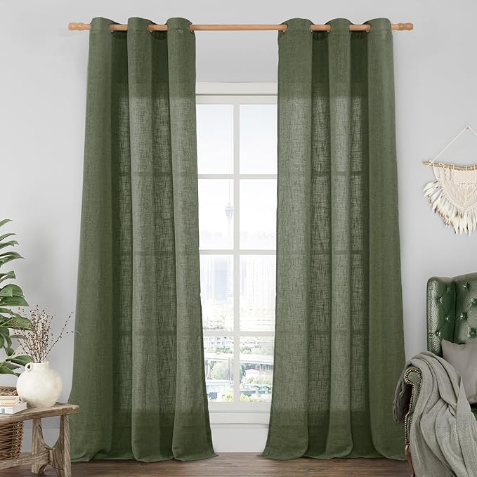 LAMIT Olive Green Linen Curtains 84 inch Length, Soft Linen Textured Light Filtering Semi Sheer Panels with Bronze Grommet for Bedroom/Living Room, 2 Panels, 34 x 84 Inch