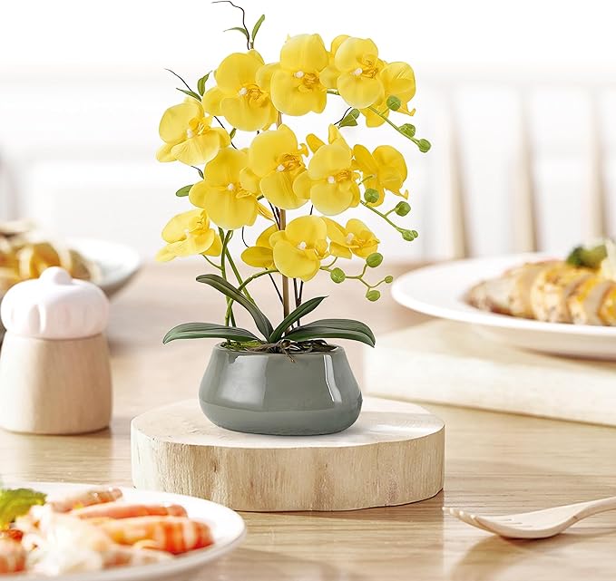 Orchid Artificial Flowers with Gray Vase Large Silk Faux Phalaenopsis Flowers for Dining Room Table Floral Centerpieces Indoor Decoration,Yellow