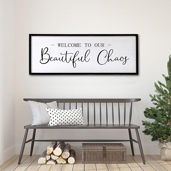 Welcome To Our Beautiful Chaos Sign Wall Decor Framed Wood 32X12 Inch For Rustic Home Living Room Entryway Bedroom Hanging Art (Wood)