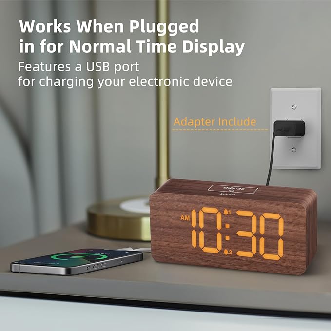 uscce Wooden Digital Alarm Clocks for Bedrooms: Dimmable Dual Alarm Clock with Large Numbers for Bedside Desk - Loud Alarm for Heavy Sleepers with Volume Control - Wood Decor & Gifts