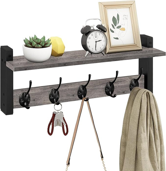 Homode Wall Hooks with Shelf, Coat Rack Wall Mount, Entryway Shelf with Hooks for Clothes, Backpack, Key, Purse - Rustic Grey