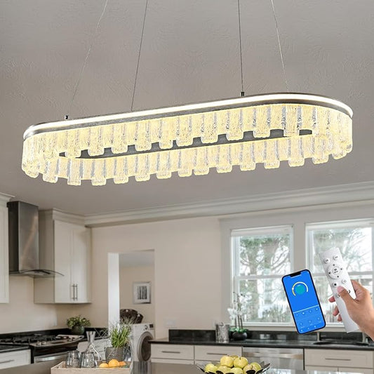 Modern Pendant Lights Kitchen Island, 35.5" Dimmable LED Elliptical Runway Light Fixture Silvery Gray Aluminum Bar Lights Hanging for Dining Room, Kitchen, Restaurant, Living Room