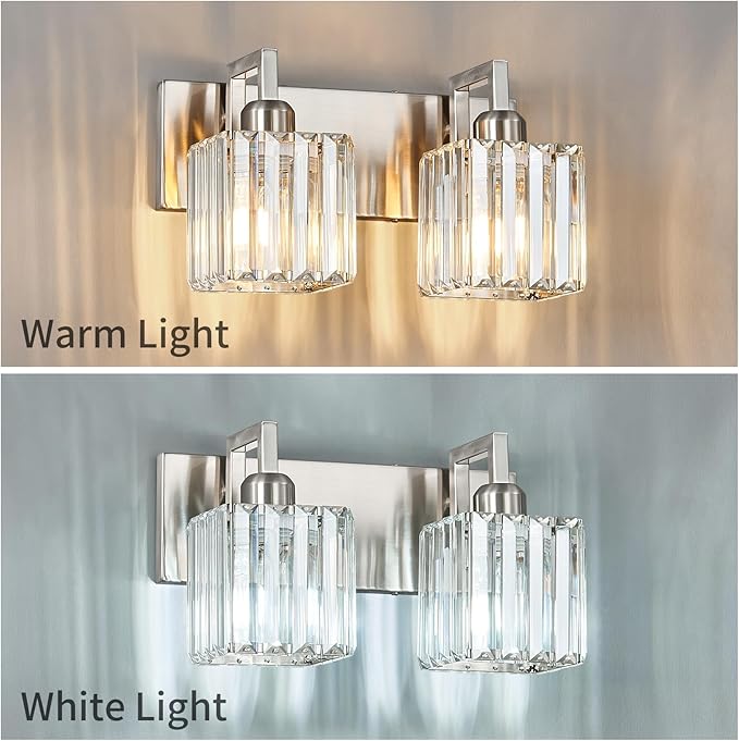 Modern Bathroom Vanity Light 2-Lights Brushed Nickel Vanity Light Crystal Wall Light Bathroom Light Fixtures