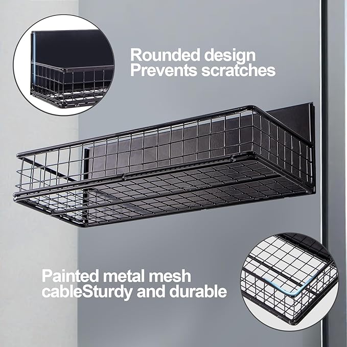 Magnetic Basket, Magnetic Shelf for Fridge, Magnetic Spice Rack for Refrigerator Magnetic Locker Organizer Holder for Office Kitchen Classroom Storage, Black-Low, 9.44" x 4" x 1.77"