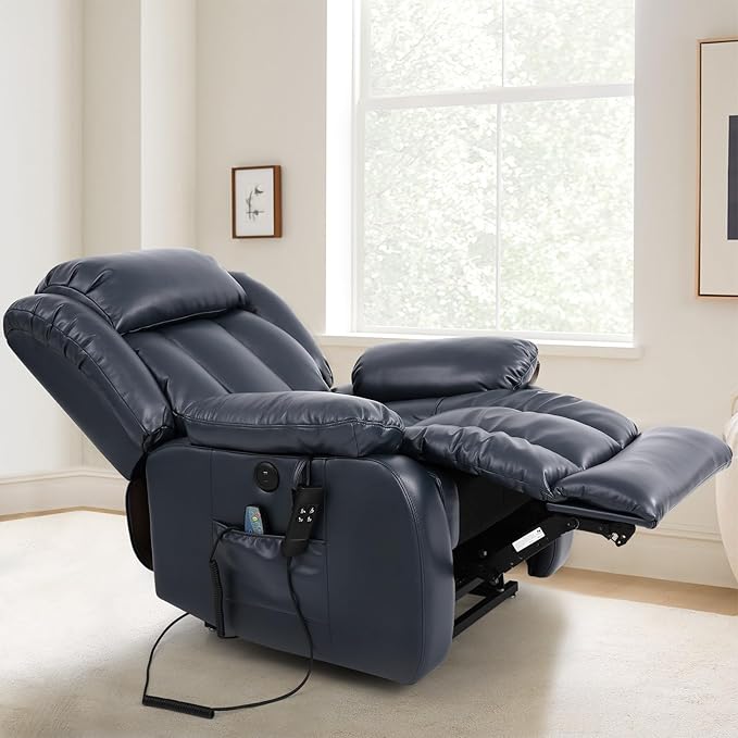 MAEVIS Power Recliner Chair, Lay Flat Sleeping Lift Chairs Recliner for Elderly with Heat and Massage,Comfy Real Breathable Leather Recliners with Dual OKIN Motor for Living Room (Blue)