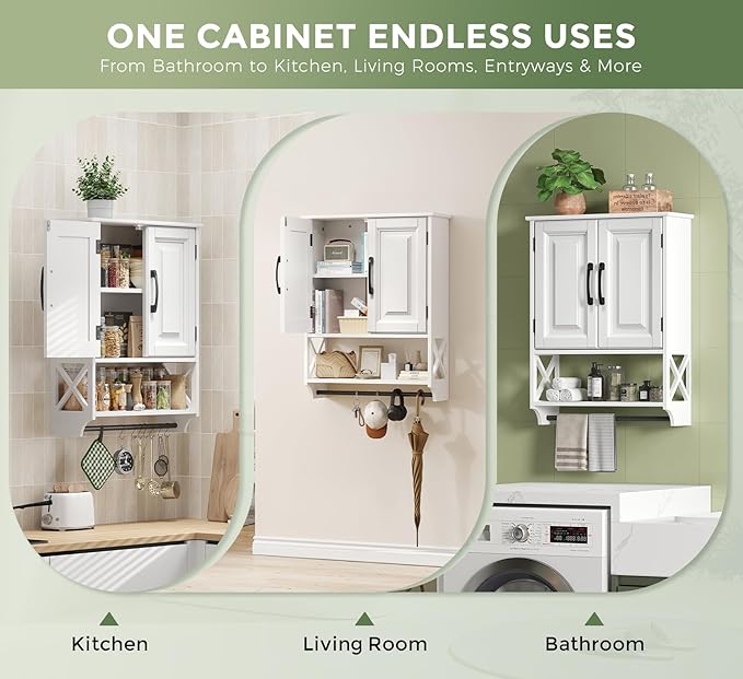 Bathroom Cabinet Wall Mounted, White Bathroom Wall Cabinets with Towel Bar and 2 Doors, Wooden Medicine Cabinet with Adjustable Shelf, Open Storage