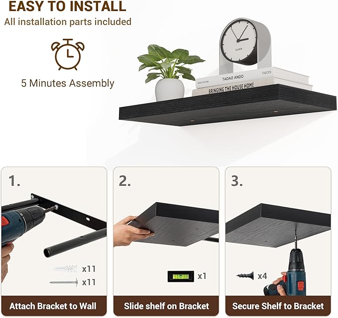 24 Inch Floating Shelves, 24"x9.25"x1.5" Inch Deep Floating Shelves for Wall, Wooden Shelves for Bathroom, Bedroom, Living Room, Black