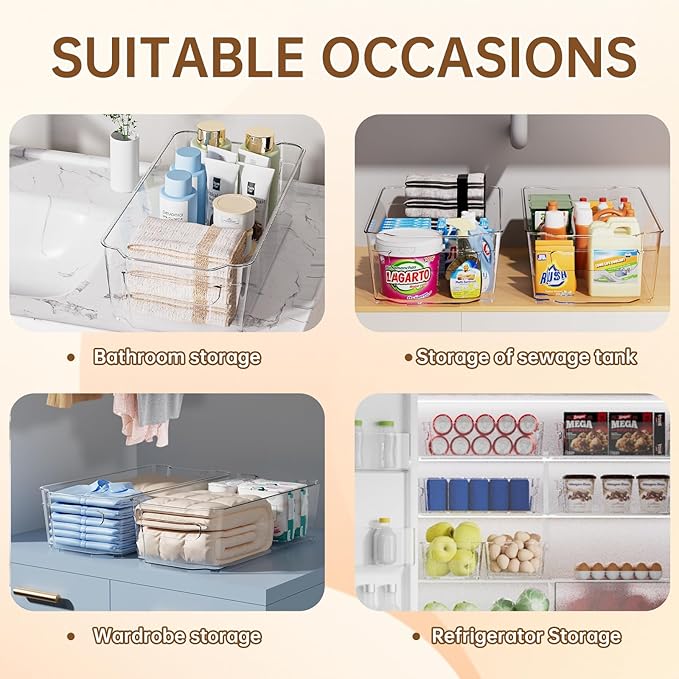 Clear Fridge Organizer, Refrigerator Organizer Bins with Handle, Freezer, Kitchen Cabinet, Pantry Organization, BPA Free Fridge Organizers (12.4 inch 4 Pack)