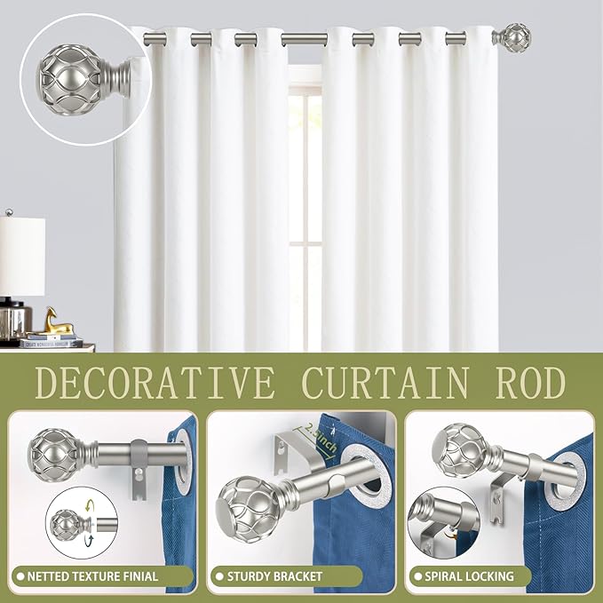 Silver Adjustable Curtain Rods for Windows:72-144" Farmhouse Heavy Duty Long Curtain Rod for Bedroom Living Room,Boho Decorative Rustic Drapery Rods with Vintage Coastal Finials,Antique Silver