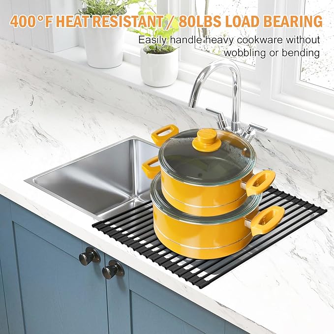 LEMIKKLE Roll Up Dish Drying Rack 17" x 13", Over The Sink Dish Drainer Rack, Foldable Sink Drying Rack, Anti-Slip Silicone Wrapped Dish Drainer for Kitchen Counter (Black)
