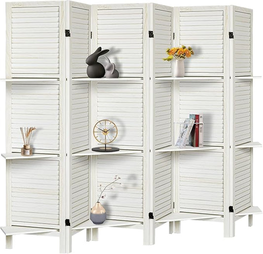Room Divider with Shelves, Privacy Screen, Room Dividers and Folding Privacy Screens, 6 Panel Wood Temporary Wall Partition Separation Separator, White