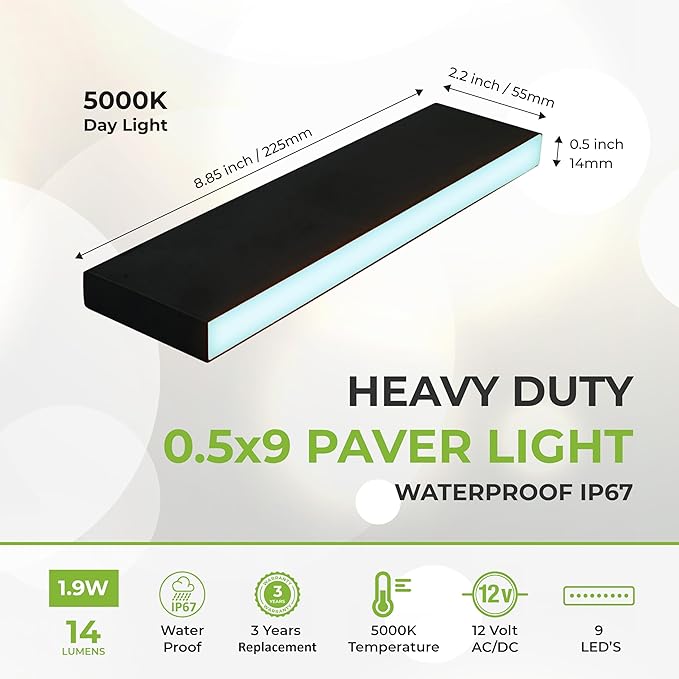 LUMENGY Paver Light Slim 0.5x9 Inch (0.55 x 8.85 inches) Glare-Free Steel Lighting for Pavers, Brick, Walls, Driveways, Walkways & Pathways, 5000K Daylight, Waterproof, Drive-Over, 12V AC/DC Wired.