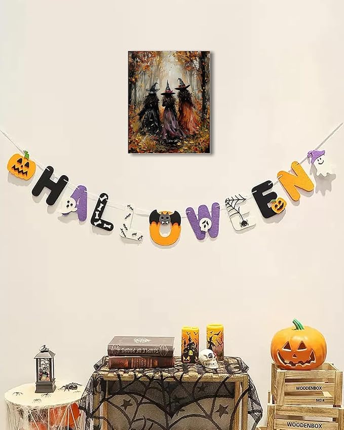 Halloween Canvas Wall Art, Vintage Three Witches Poster, Gothic Dark Academia Wall Decor, Spooky Halloween Decor for Living Room, Bedroom & Bathroom, Framed Fall Decorations Indoor