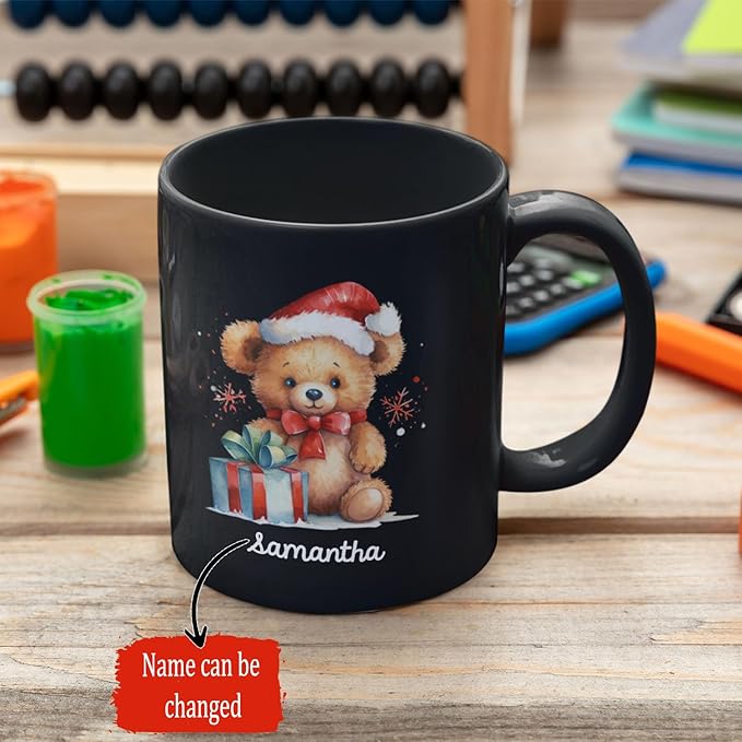 Custom Name Xmas Teddy Bear Cup, Personalized Christmas Teddy Bear Mug, Black Mug With Santa Hat Design - 11oz & 15oz, Gift For Men & Women