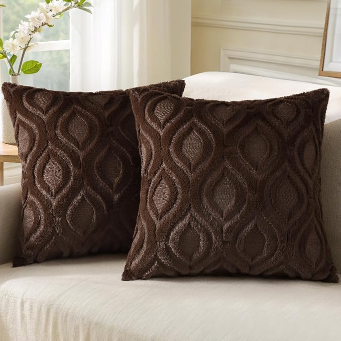 decorUhome Throw Pillow Covers 22x22 Inch Set of 2, Soft Plush Decorative Faux Fur Dark Brown Solid Couch Pillow Covers, Accent Farmhouse Neutral Square Euro Pillow Cases for Sofa Bed Living Room