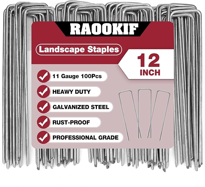 RAOOKIF 12 Inch Galvanized Garden Landscape Staples, 20/50/100/200Pcs Garden Metal Stakes, 11 Gauge Heavy Duty Ground Stakes for Decoration, Fence, Lawn, Fabric Pins