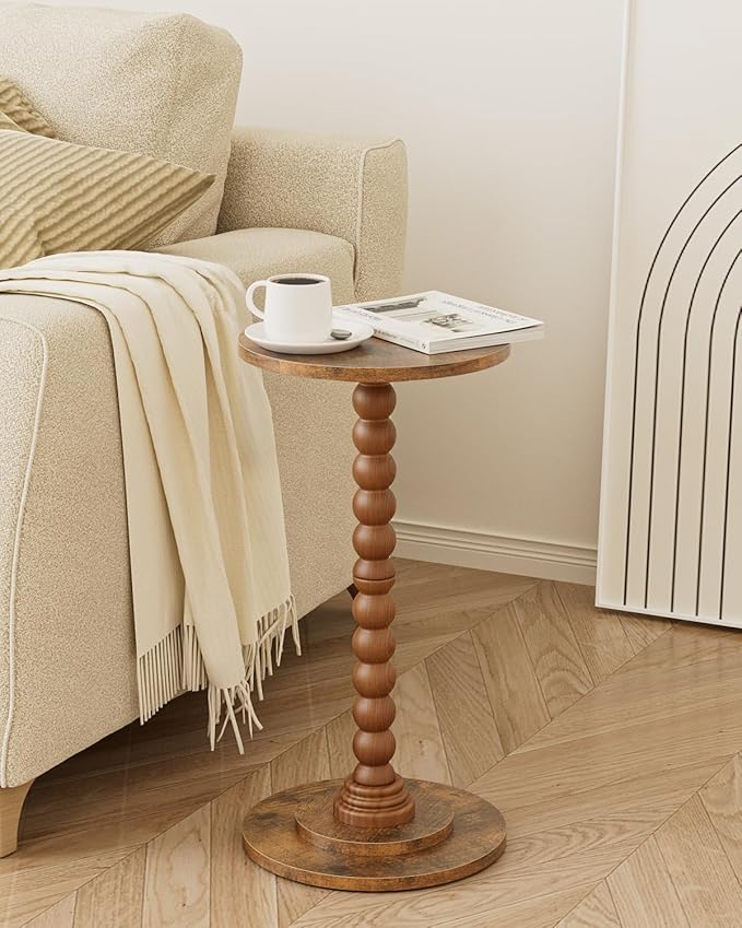 Masupu Round Side Table, Small End Table for Small Spaces, Pedestal Drink Table with Solid Wood Leg for Living Room, Bedroom, Corners(Rustic Brown)