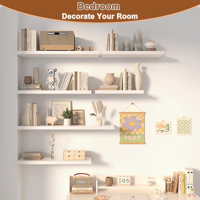 12 Inch Deep Floating Shelves for Wall 3 Pack White Floating Shelves Large Storage Space Wall Mount Shelf for Living Room Kitchen Bathroom 24" W x 12" D x 1.2" H White