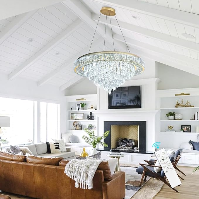 Modern Crystal Chandeliers for Living Room Ceiling Light Fixture LED Dimmable Lamp with Remote Pendant Lighting Flush Mount Ceiling Light for Dining Room Bedrooms Foyer